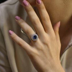 925 Ayar Gümüş Yuvarlak Safir Renk Taşlı Yüzük - Nusrettaki