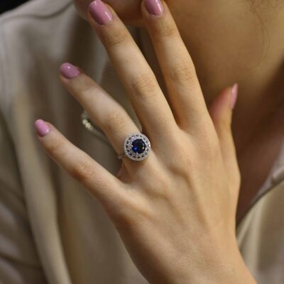 925 Ayar Gümüş Yuvarlak Safir Renk Taşlı Yüzük - 1
