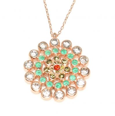 925 Ayar Gümüş Yuvarlak Taşlı Kolye, Pembe - Kırmızı Sarı Yeşil Beyaz Taş - 3