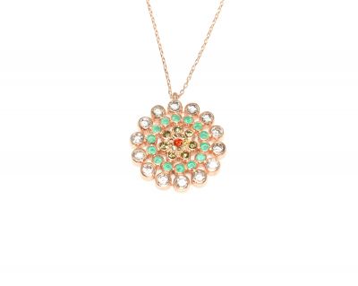 925 Ayar Gümüş Yuvarlak Taşlı Kolye, Pembe - Kırmızı Sarı Yeşil Beyaz Taş - 4
