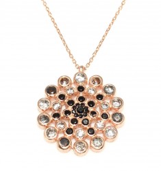 925 Ayar Gümüş Yuvarlak Taşlı Kolye, Pembe - Siyah Beyaz Taş - 3