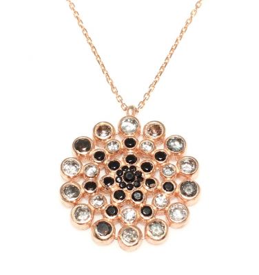 925 Ayar Gümüş Yuvarlak Taşlı Kolye, Pembe - Siyah Beyaz Taş - 3