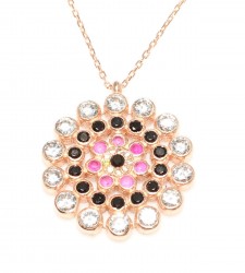 925 Ayar Gümüş Yuvarlak Taşlı Kolye, Pembe - Siyah Kırmızı Beyaz Taş - 3