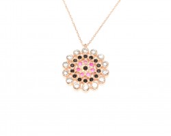 925 Ayar Gümüş Yuvarlak Taşlı Kolye, Pembe - Siyah Kırmızı Beyaz Taş - 4