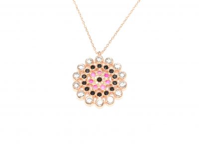 925 Ayar Gümüş Yuvarlak Taşlı Kolye, Pembe - Siyah Kırmızı Beyaz Taş - 4