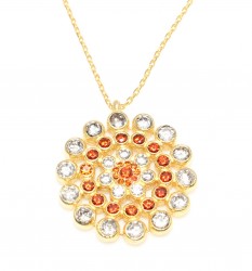 925 Ayar Gümüş Yuvarlak Taşlı Kolye, Sarı - Ateş Kırmızısı Beyaz Taş - 3