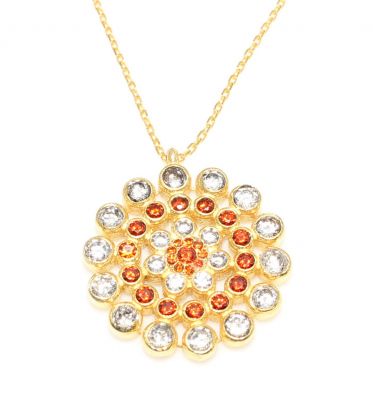 925 Ayar Gümüş Yuvarlak Taşlı Kolye, Sarı - Ateş Kırmızısı Beyaz Taş - 3