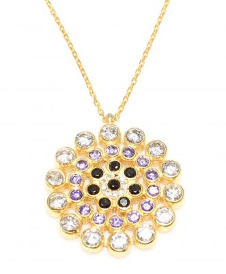 925 Ayar Gümüş Yuvarlak Şans Çemberi Kolye, Sarı - Siyah Mor Beyaz Taş - 2