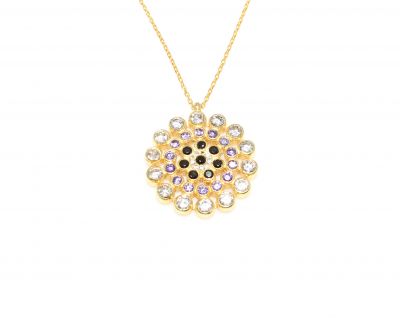 925 Ayar Gümüş Yuvarlak Şans Çemberi Kolye, Sarı - Siyah Mor Beyaz Taş - 3