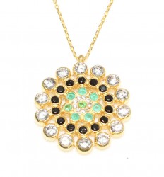 925 Ayar Gümüş Yuvarlak Taşlı Kolye, Sarı - Siyah Yeşil Beyaz Taş - 3