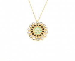 925 Ayar Gümüş Yuvarlak Taşlı Kolye, Sarı - Siyah Yeşil Beyaz Taş - 4