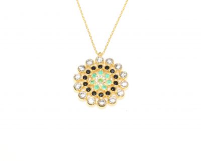 925 Ayar Gümüş Yuvarlak Taşlı Kolye, Sarı - Siyah Yeşil Beyaz Taş - 4