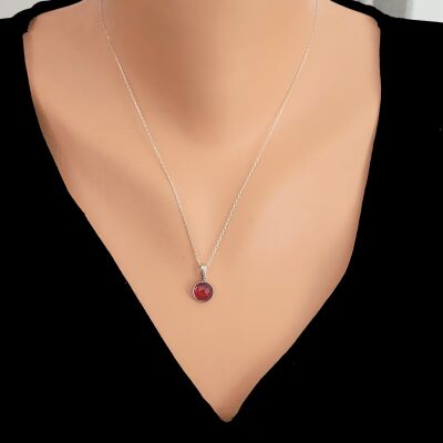 925 Ayar Gümüş Yuvarlak Yakut Renk Taşlı Kolye - 1