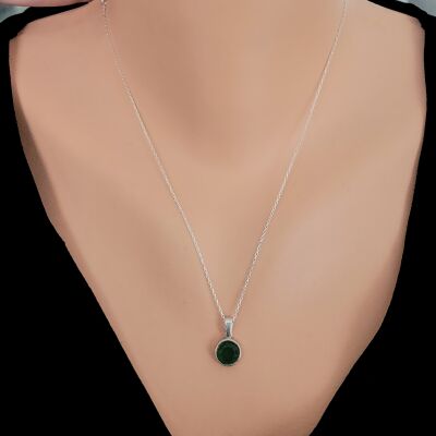 925 Ayar Gümüş Yuvarlak Zümrüt Renk Taşlı Kolye - 1