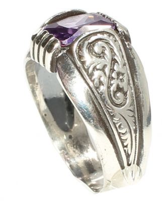 925 Ayar Gümüş Zümrüt Kesim Ametist Taşlı Desenli Erkek Yüzük - 7