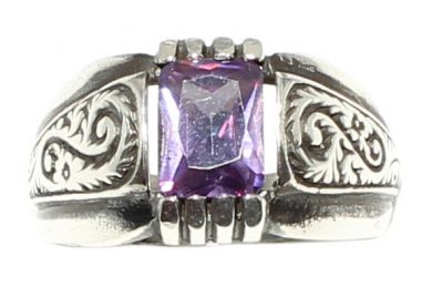 925 Ayar Gümüş Zümrüt Kesim Ametist Taşlı Desenli Erkek Yüzük - 6