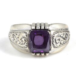 925 Ayar Gümüş Zümrüt Kesim Ametist Taşlı Desenli Erkek Yüzük - 4