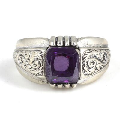 925 Ayar Gümüş Zümrüt Kesim Ametist Taşlı Desenli Erkek Yüzük - 4