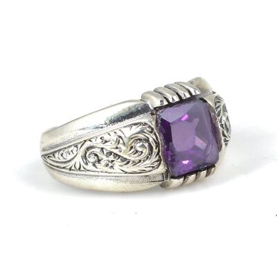 925 Ayar Gümüş Zümrüt Kesim Ametist Taşlı Desenli Erkek Yüzük - 2