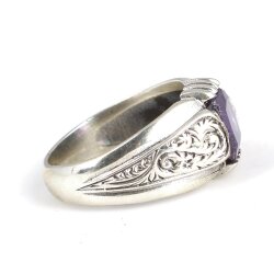 925 Ayar Gümüş Zümrüt Kesim Ametist Taşlı Desenli Erkek Yüzük - 5