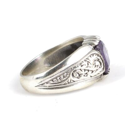 925 Ayar Gümüş Zümrüt Kesim Ametist Taşlı Desenli Erkek Yüzük - 5
