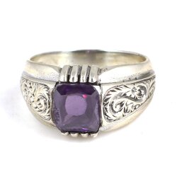925 Ayar Gümüş Zümrüt Kesim Ametist Taşlı Desenli Erkek Yüzük - 8