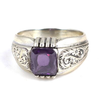 925 Ayar Gümüş Zümrüt Kesim Ametist Taşlı Desenli Erkek Yüzük - 8