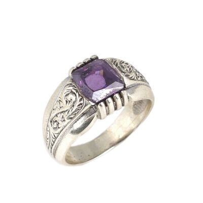 925 Ayar Gümüş Zümrüt Kesim Ametist Taşlı Desenli Erkek Yüzük - 3