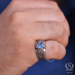 925 Sterling Silver Men Ring With Aquamarine - Nusrettaki