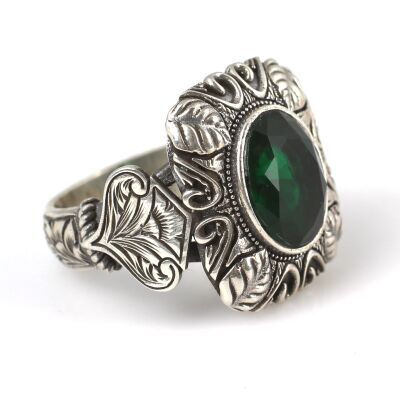 925 Ayar Gümüş Zümrüt Renk Kare Kasa Erkek Yüzüğü - 3