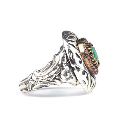 925 Ayar Gümüş Zümrüt Taşlı Desenli Yüzük - 2