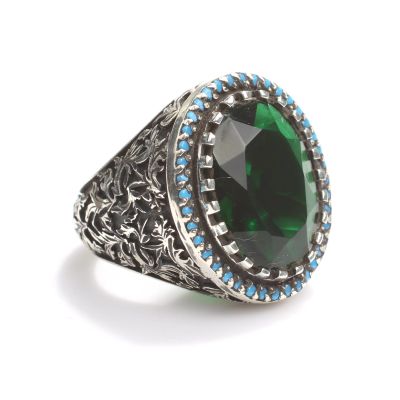 925 Ayar Gümüş Zümrüt Taşlı Oval Erkek Yüzük - 1