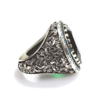 925 Ayar Gümüş Zümrüt Taşlı Oval Erkek Yüzük - 2