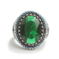 925 Ayar Gümüş Zümrüt Taşlı Oval Erkek Yüzük - 3