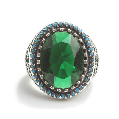 925 Ayar Gümüş Zümrüt Taşlı Oval Erkek Yüzük - 3