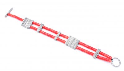 925 Sterling Silver 2 Rows Bracelet with Coral - 1