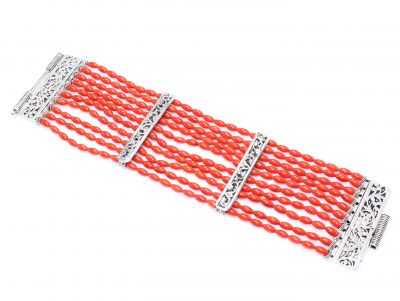 Sterling Silver Thick Bracelet with Coral - 10 rows - 1