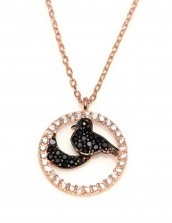 925 Ayar Rose Gümüş Ay ve Kuş Kolye, Siyah Taş - 3