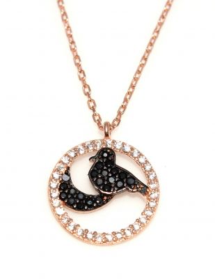 925 Ayar Rose Gümüş Ay ve Kuş Kolye, Siyah Taş - 3