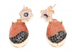 925 Rose Silver Brownstone & Snowflake & Evil Eye Drop Earrings - Nusrettaki