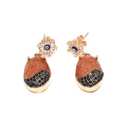 925 Rose Silver Brownstone & Snowflake & Evil Eye Drop Earrings - Nusrettaki