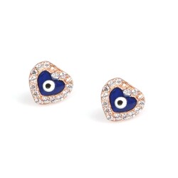 925 Rose Silver Evil Eye Heart Stud Earrings, White Zircon - Nusrettaki