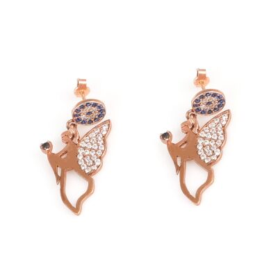 925 Rose Silver Fairy & Evil Eye Dangle Earrings - 1