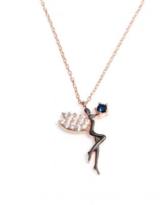 Silver Fairy Girl Design Necklace with Blue CZ - 2
