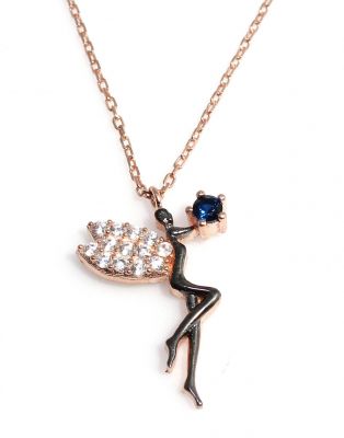 Silver Fairy Girl Design Necklace with Blue CZ - 4