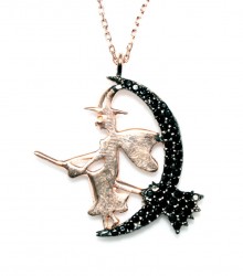 925 Ayar Rose Gümüş Siyah Taşlı Süpürgeli Cadı Kolye - 6