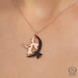 925 Ayar Rose Gümüş Siyah Taşlı Süpürgeli Cadı Kolye - 5