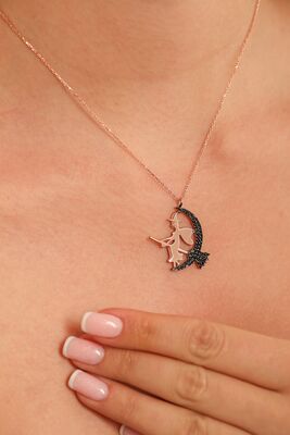 925 Ayar Rose Gümüş Siyah Taşlı Süpürgeli Cadı Kolye - 1