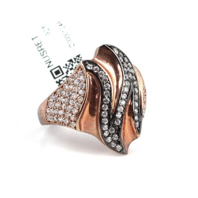 925 Ayar Rose Gümüş Zikzak Motifli Taşlı Yüzük - 4