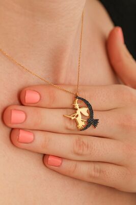 925 Ayar Sarı Gümüş Siyah Taşlı Süpürgeli Cadı Kolye - 1